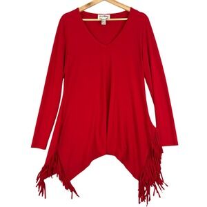 Joseph Ribkoff Red Asymmetric‎ Fringe Tunic blouse Size 6 Women's Deep V-Neck